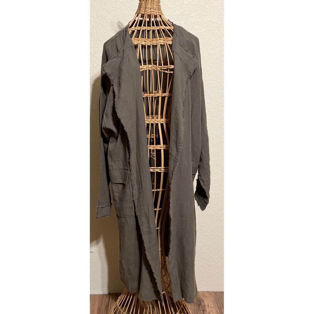 Doe & Rae Womens L Olive Green 100% Linen Raw Edge Duster Jacket Lagenlook